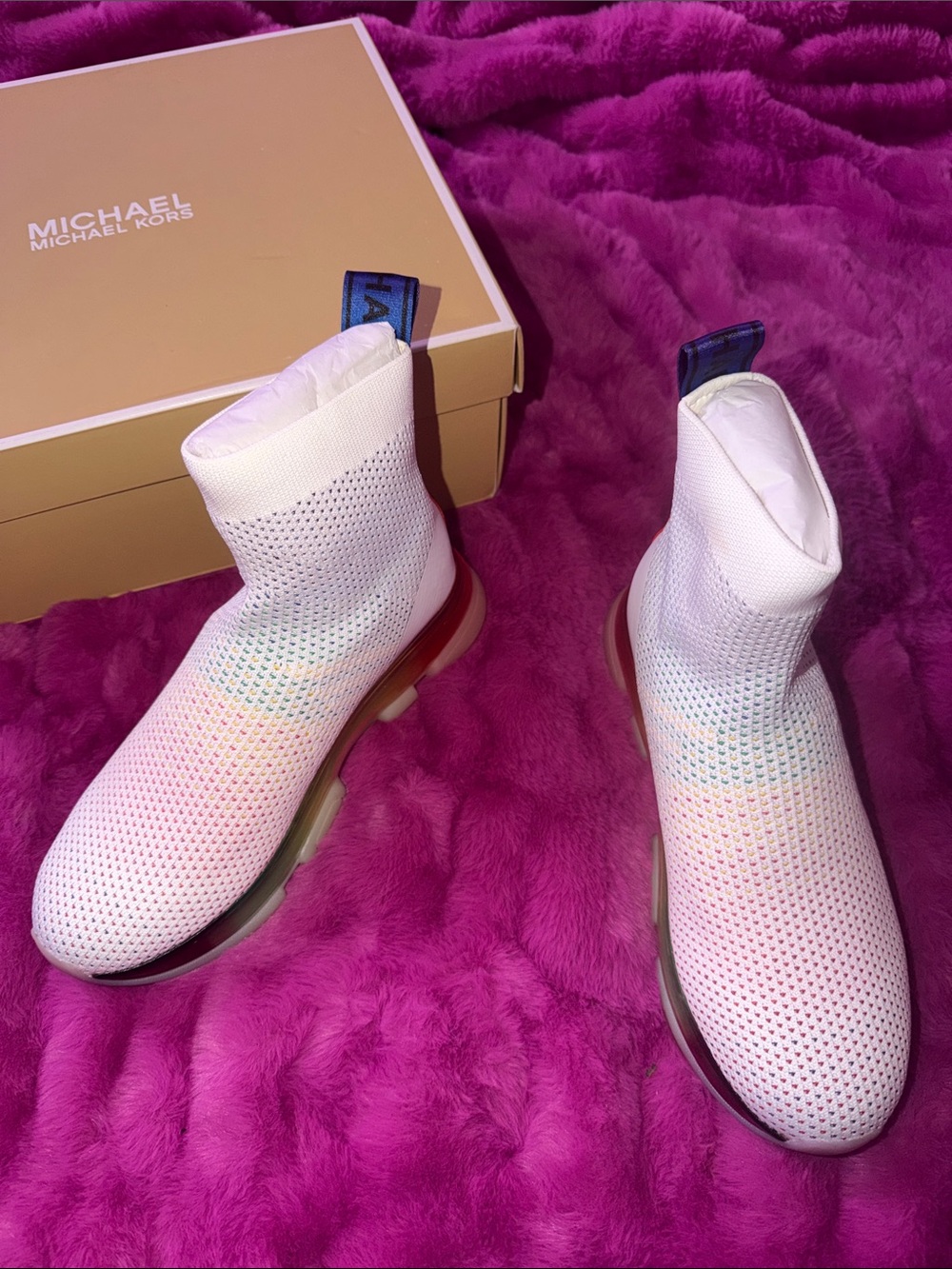 Michael Kors White Knit Sock Ankle Boots with rainbow 🌈 Accents
